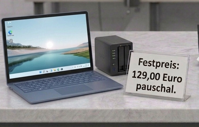 Einrichtung Premium: Komplette Windows-Einrichtung inklusive Updates, Virenschutz, E-Mail und Entfernung von Werbemüll oder einfache Einrichtung von privaten NAS-Systemen. Preis: 129,00 Euro pauschal.